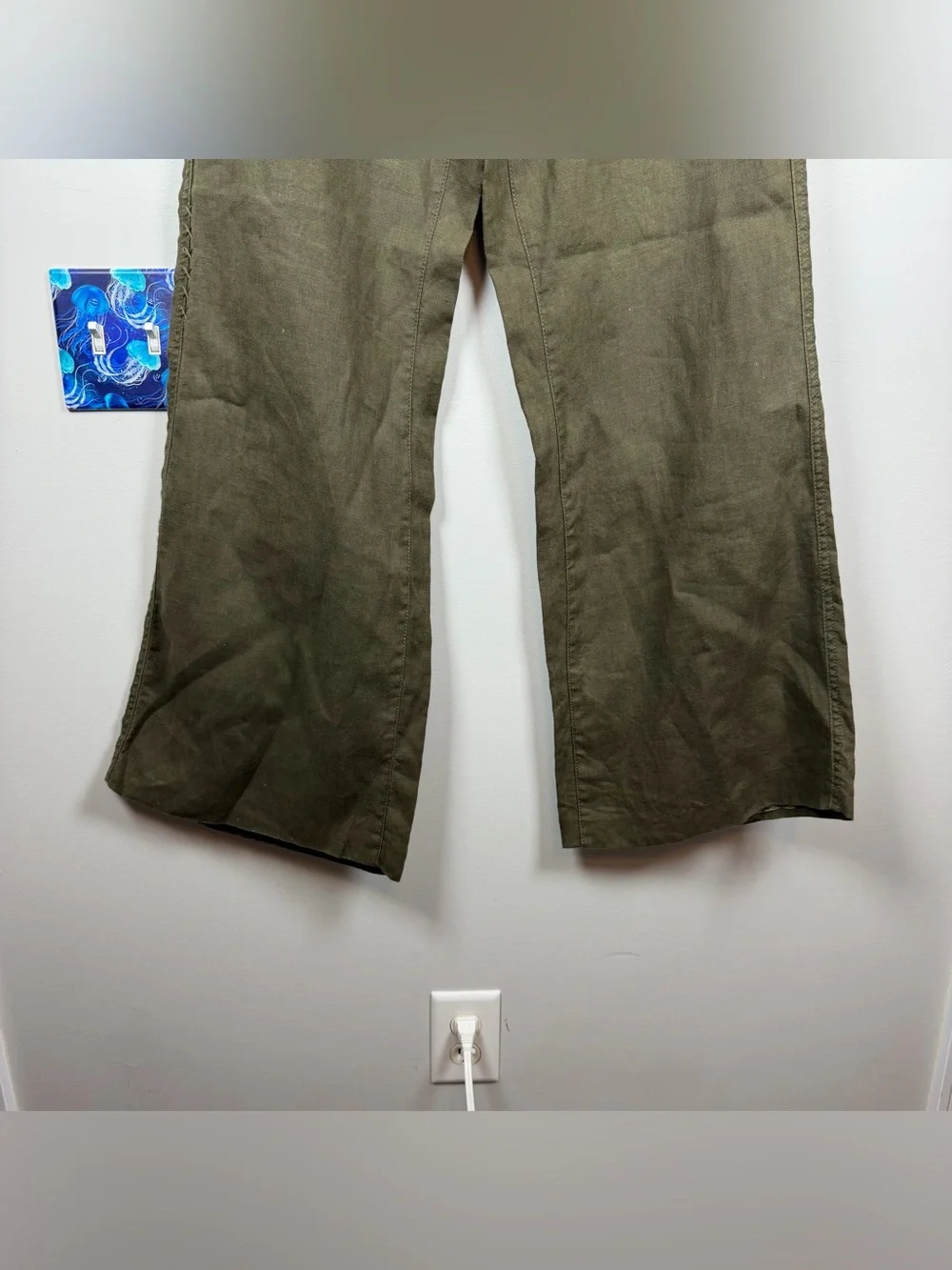 Cabi Olive Green 100% Linen Wide Leg Whipstitch 882 Trouser Pants Lagenlook Sz 8